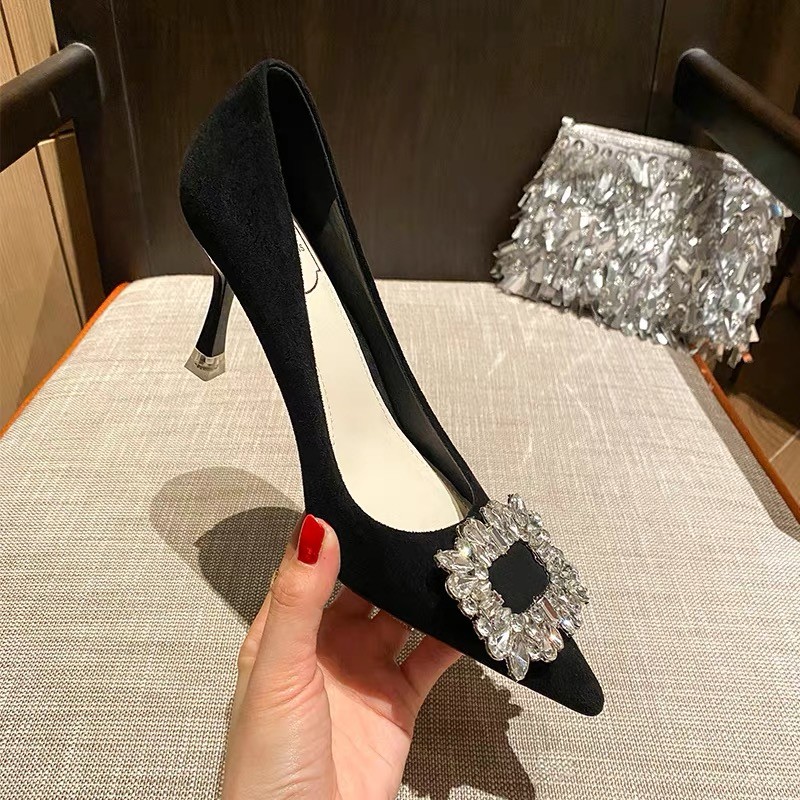 New Women High Heel Pumps Black Square Buckle Pointed Thin Heeled Baotou Banquet High Heeled Shoes Tacones Mujer Dress Shoes