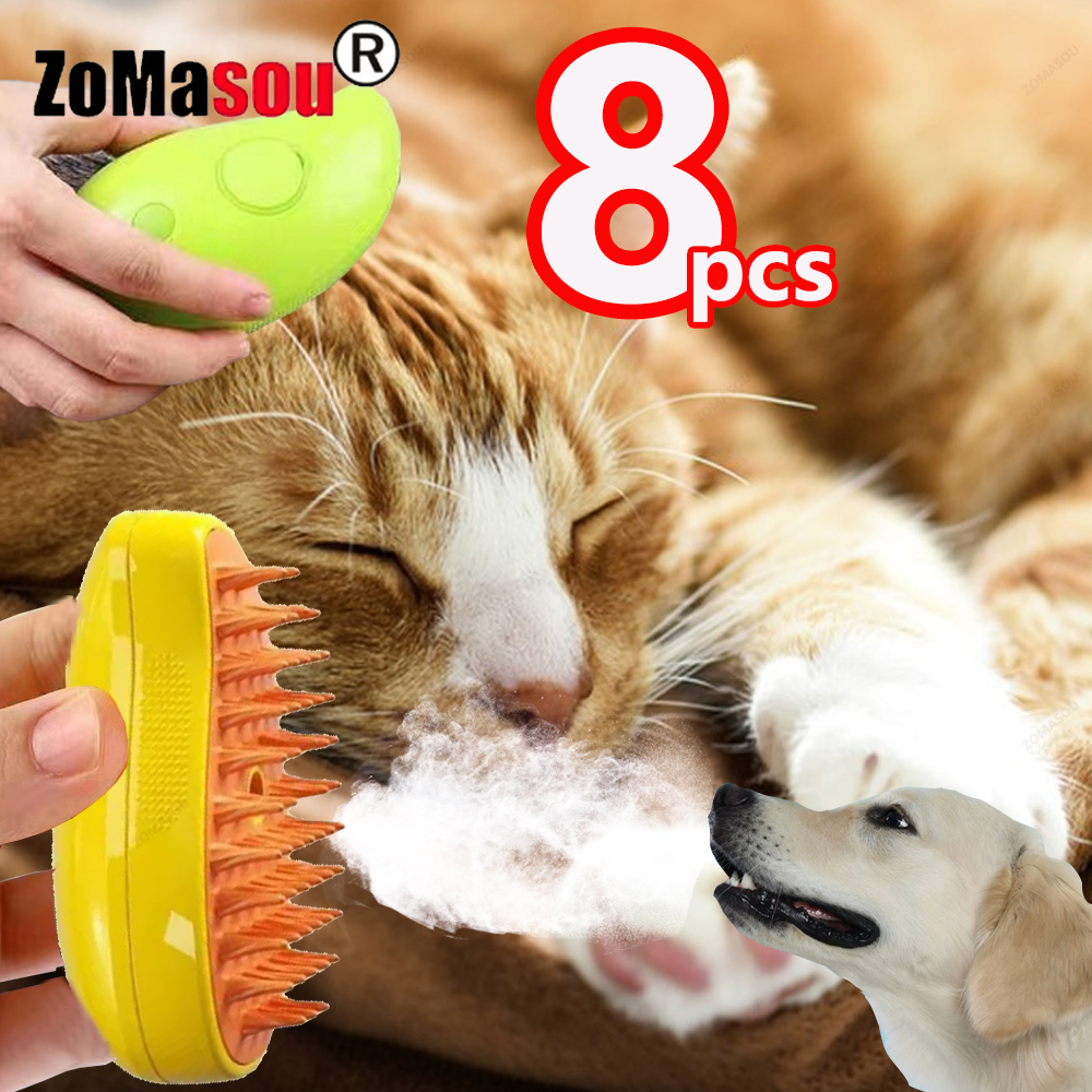 1/8 Cat Steamy Brush Dog Massage Comb Built-in Electric Water Spray Soft Silicone Pet Hair Removal Grooming Brush Cat Accessory