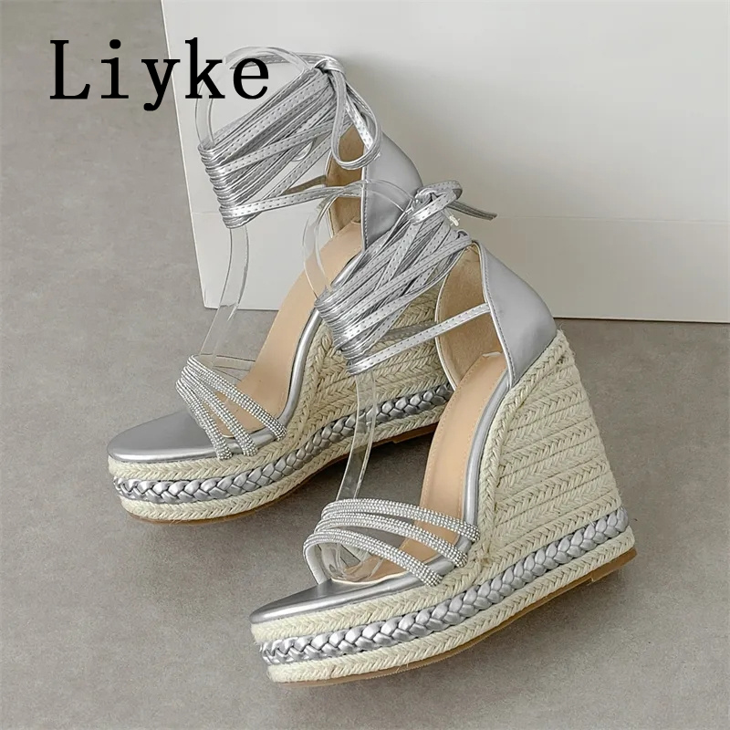 Liyke Handmade Weave Straw Rope Wedge Sandals Women Summer Fashion Crystal Open Toe Lace Up Platform High Heels Ladies Shoes