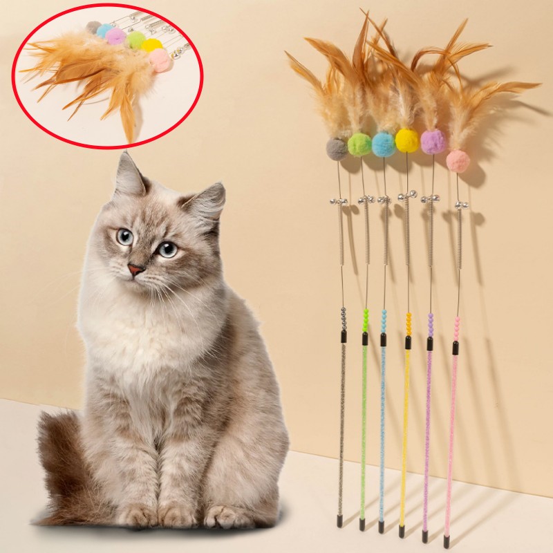 Cat Toys Feather Cat Stick Bite Resistant Steel Wire Spring Feather Interactive Cats Toy with Bell Wool Ball Kitten Toy Sticks