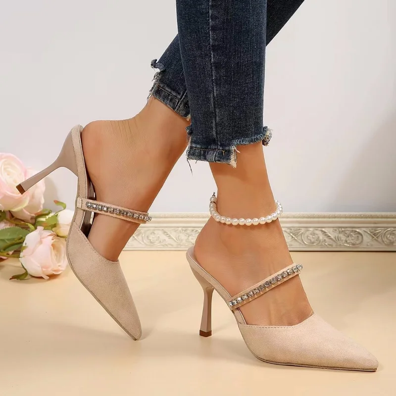 Women's Slippers Summer Footwear Fashion Crystal High Heels Sexy Thin Heels Party Shoes for Women Closed Toe Mules