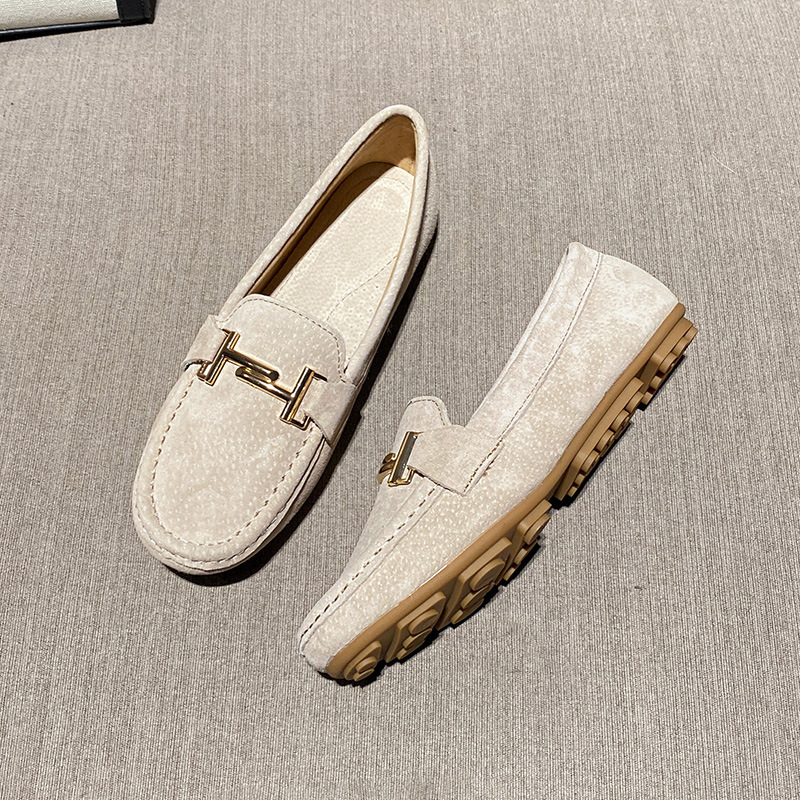 Genuine Leather Women moccasins brand metal buckle flat shoes round toe comfy slip on loafers pregnant shoes woman cowhide flats