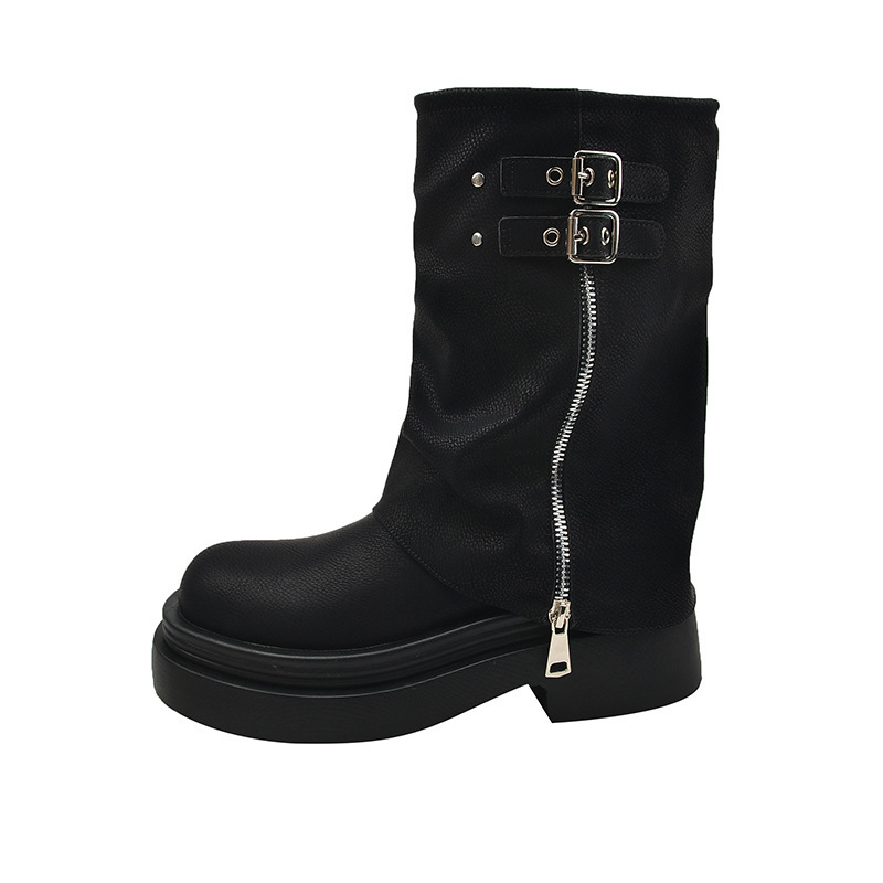 Thick Bottom New Platform 2024 New Pantyhose Cowboy Zip Belt Buckle Design for Women PU Leather Ankle Boots