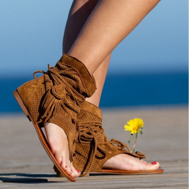 Tassel Retro Sandals For Woman New Summer Boho Flat Ladies Lace Up Beach Sandalias Mujer 2024 Women's Shoes 511a