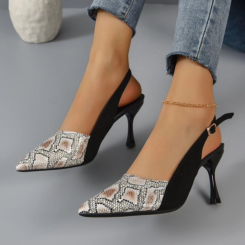 2025 new High New Heels Mules Sandals Women Fashion Snake Pattern Thin Heeled Shoes Woman Back Strap Pointed Toe Sandalias 8b66
