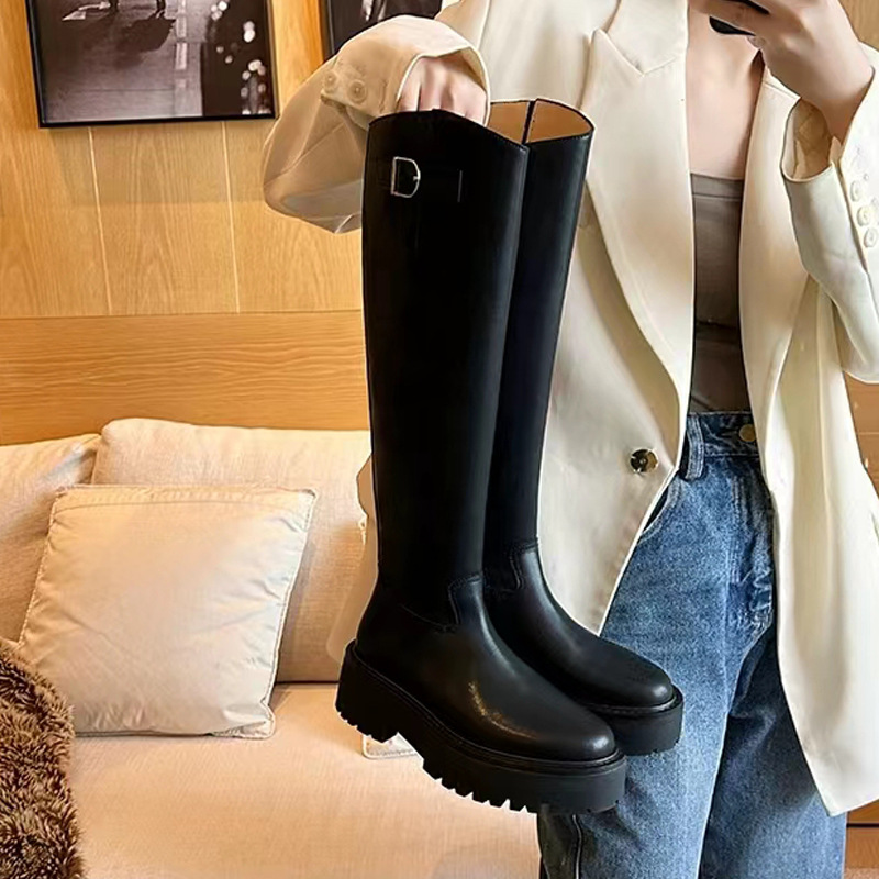 Winter 2023 Autumn Fashion Women Thigh Long Low Heels Knee High Soft Leather Round Toe Boots Ladies Party Shoes 025a
