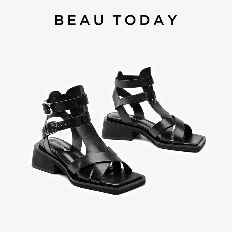 BEAUTODAY Gladiator Sandals Women Genuine Cow Leather Solid Black Crosses-strap Design Beach Ladies Shoes Handmade 33097