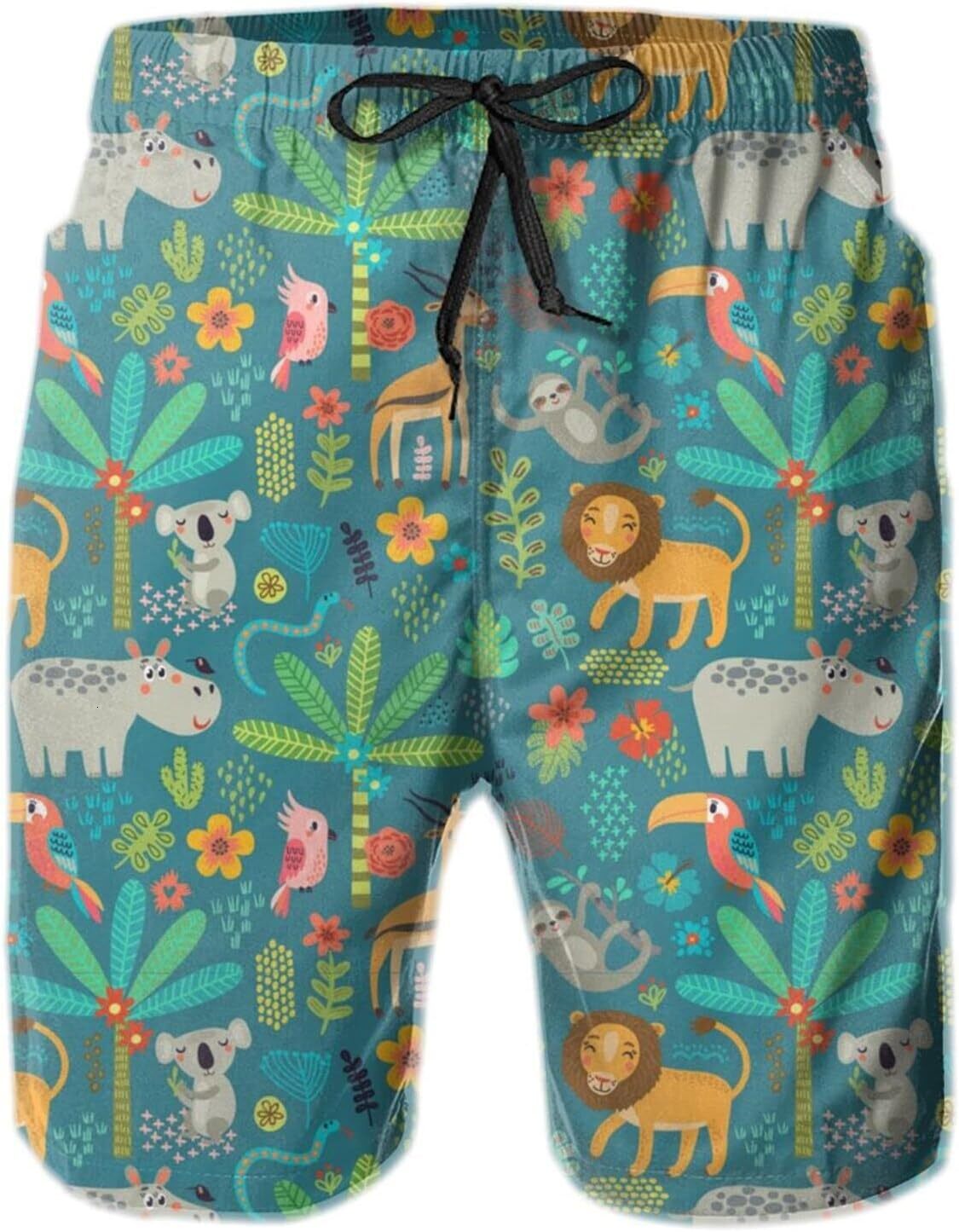 Mens Shorts 3D Printed Pattern Cartoon African Animals Swim Trunks Quick Dry Stylish Beach Board Swimwear