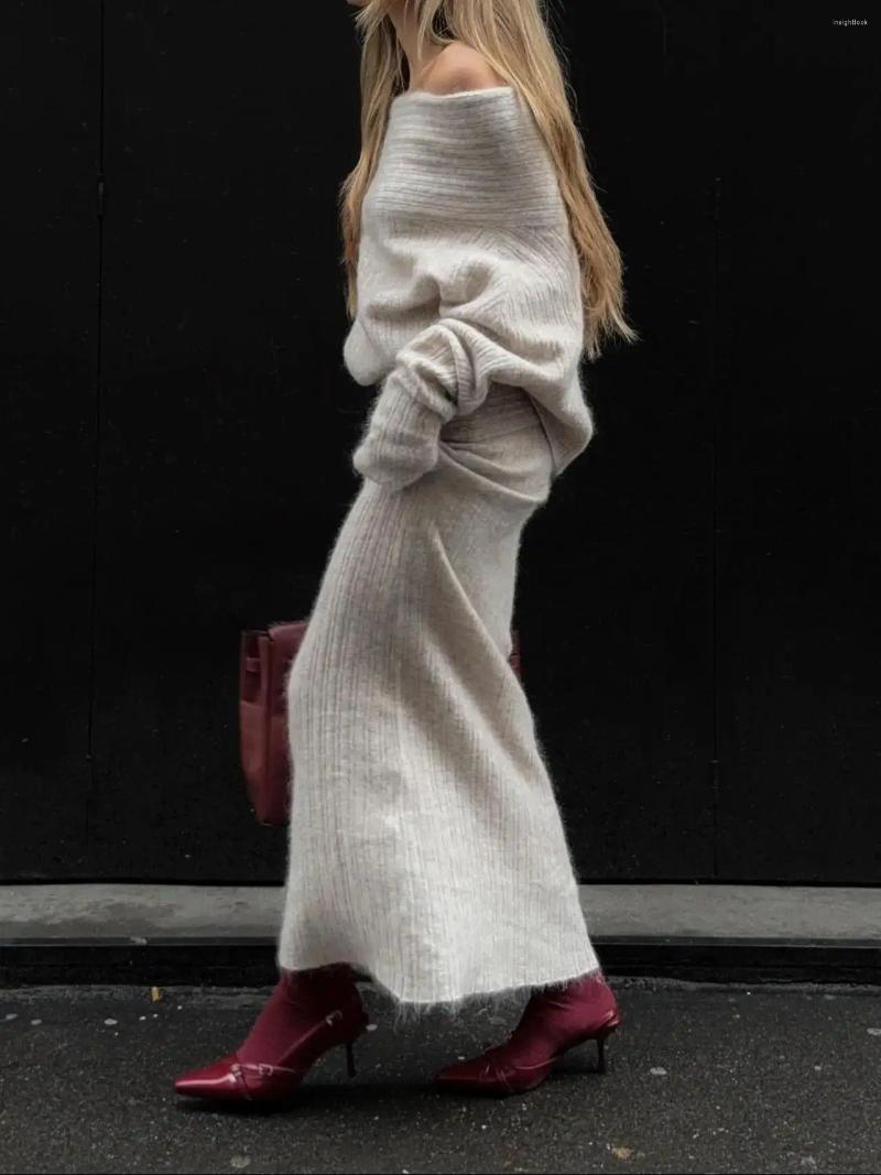 Work Dresses Off Shoulder Warm Sweater Co-ords Maxi Skirt Set Grey Melange A Line Long Sleeve Bandage Top Party Dress