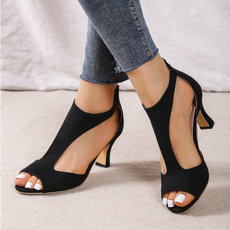 2025 new Leopard Sexy Hollow Women's Thin Sandals Pointed Peep Toe Square High Heels Sandles Summer Ankle Strap Zip Ldies Shoes c60b