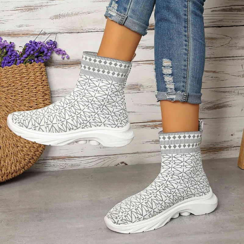 Chunky Platform Fashion for Women 2024 Autumn Slip-On Elastic Knitted Ankle Woman Mid-calf Boots Sock Shoes Size 43 0021