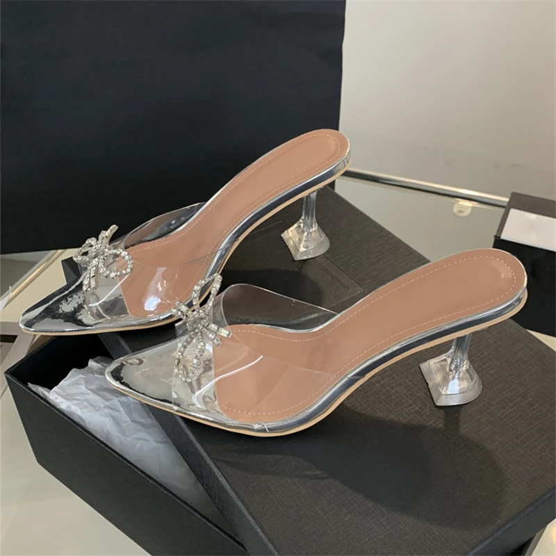 Eilyken CRYSTAL Dias Butterfly-Knot PVC Transparent Women Slippers Summer Sier Clear High Heels Banquet Dress Shoes b0ba eb3
