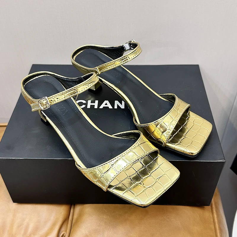Crocodile Elegant Gold Sier Mule Slippers Woman Square Toe Low Heel Sandals Ladies Summer Slip-on Buckle Dress Shoes c256
