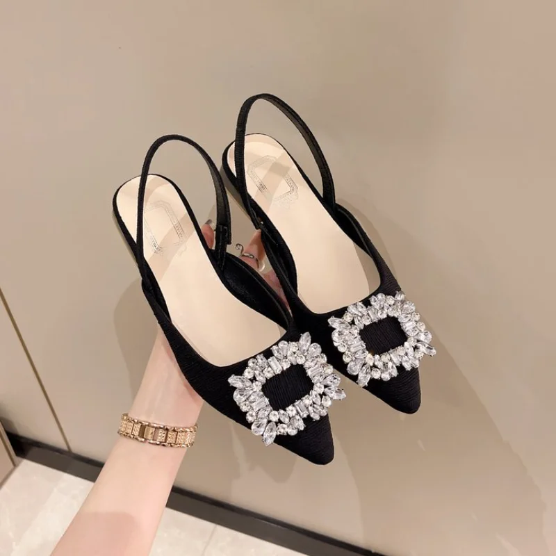 Beige Heeled Sandals Clear Shoes 2024 Women's Black Rhie Medium Pointed Closed New Spring Gladiator Block Girls 9542