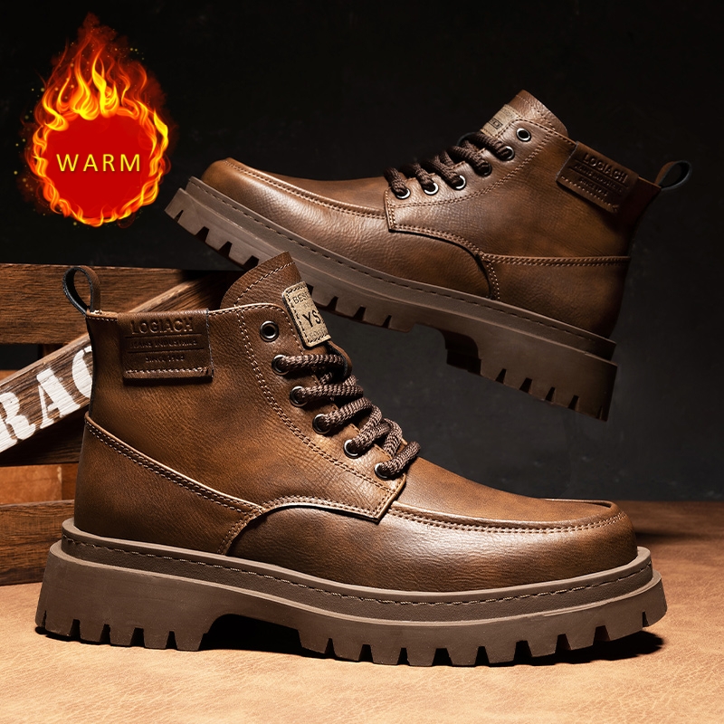 Trendy Men's Genuine Leather Boots Outdoor Hiking Shoes Breathable Cotton Boots Men's Casual Short Boots Thick Soled Brown