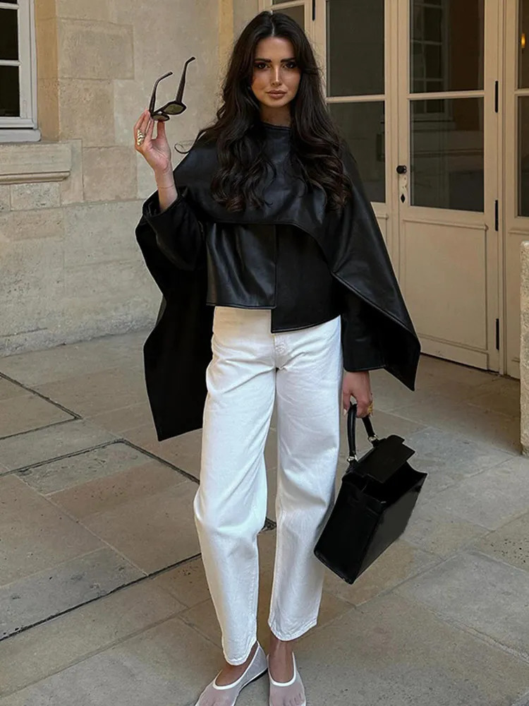 Fashion Pu Leather Cloak Shawl Collar Jacket Elegant Solid Long Sleeves Demiseason For Women 2024 High Streetwear 240903