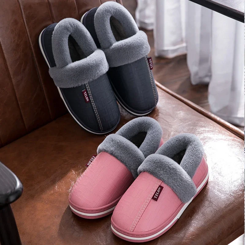 Cozy Winter PU Leather Slippers: Waterproof Non-Slip Plush Slides for Men & Women