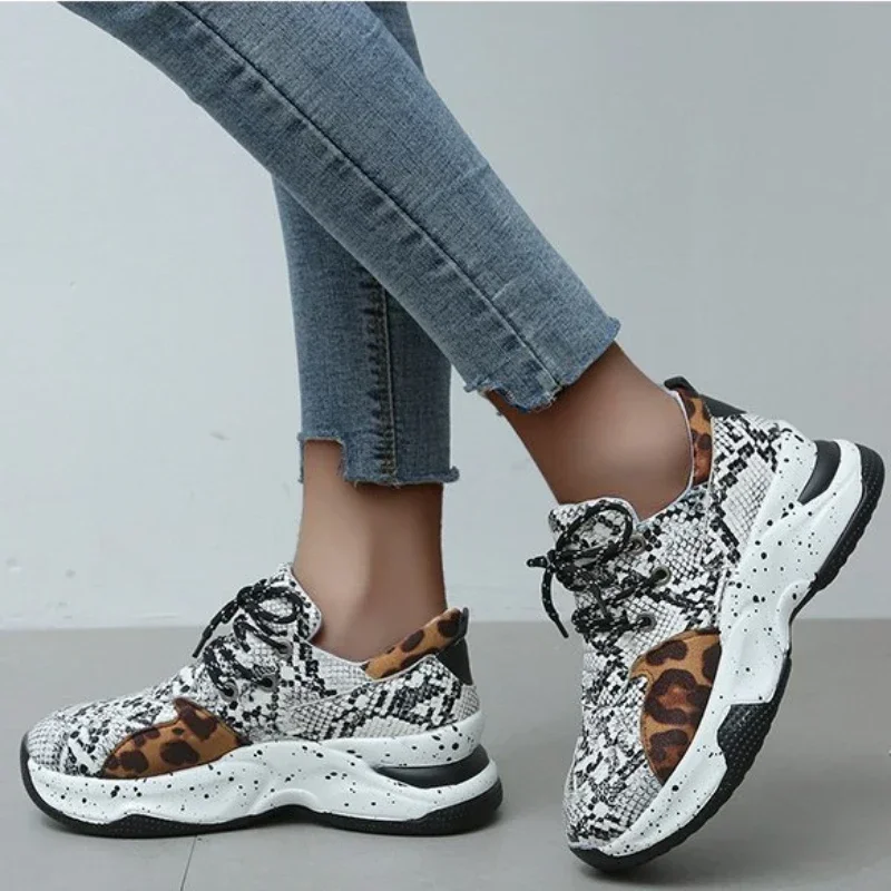 Platform Sneakers Women Autumn Winter Round Toe Low-top Leopard Wedge Shoes Women Size 43 Lace Up Soft Casual Sports Shoes