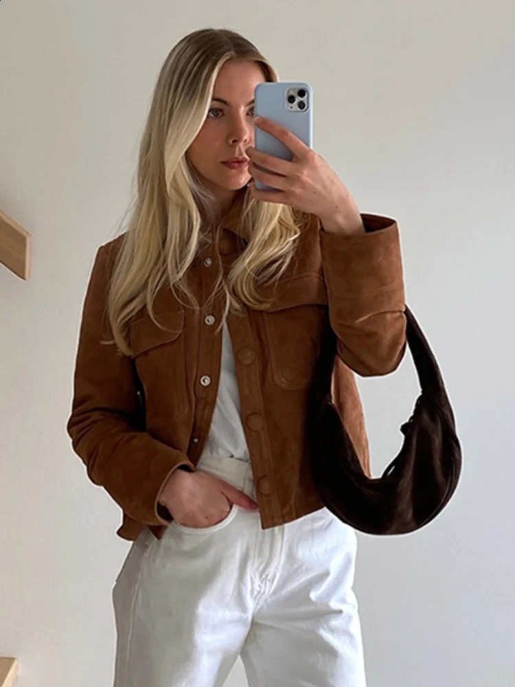 Fashion Brown Lapel Single Breasted Demiseason Jacket For Women Vintage Long Sleeves Suede Jackets 2024 Lady Casual Street Coat 240903