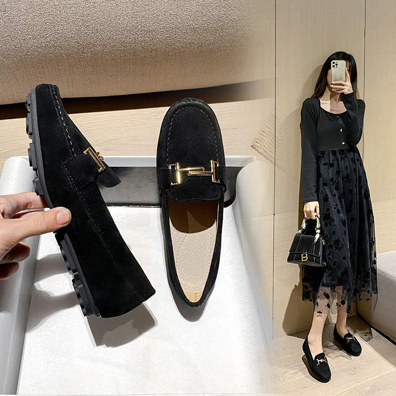 Genuine Leather Women moccasins brand metal buckle flat shoes round toe comfy slip on loafers pregnant shoes woman cowhide flats