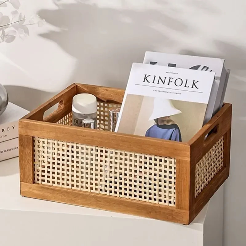 Vintage solid wood storage box desktop Rattan basket book snacks fruit cosmetics organizer box home bathroom kitchen basket 240903