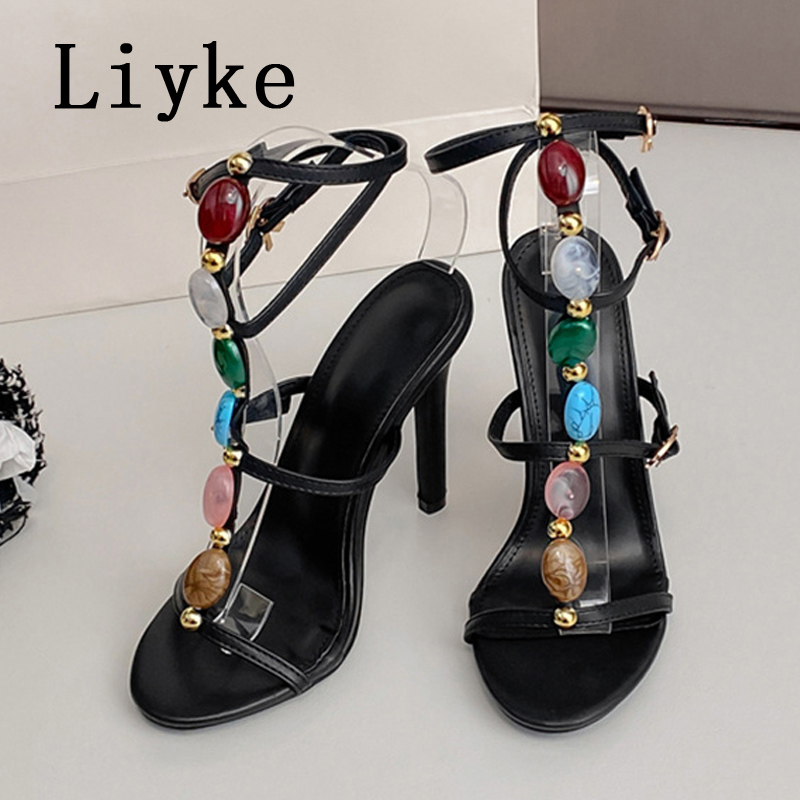 Liyke Summer Fashion Colors Gemstone Narrow Band Women Sandals Summer Open Toe 11.5CM Thin High Heels Wedding Party Dress Shoes