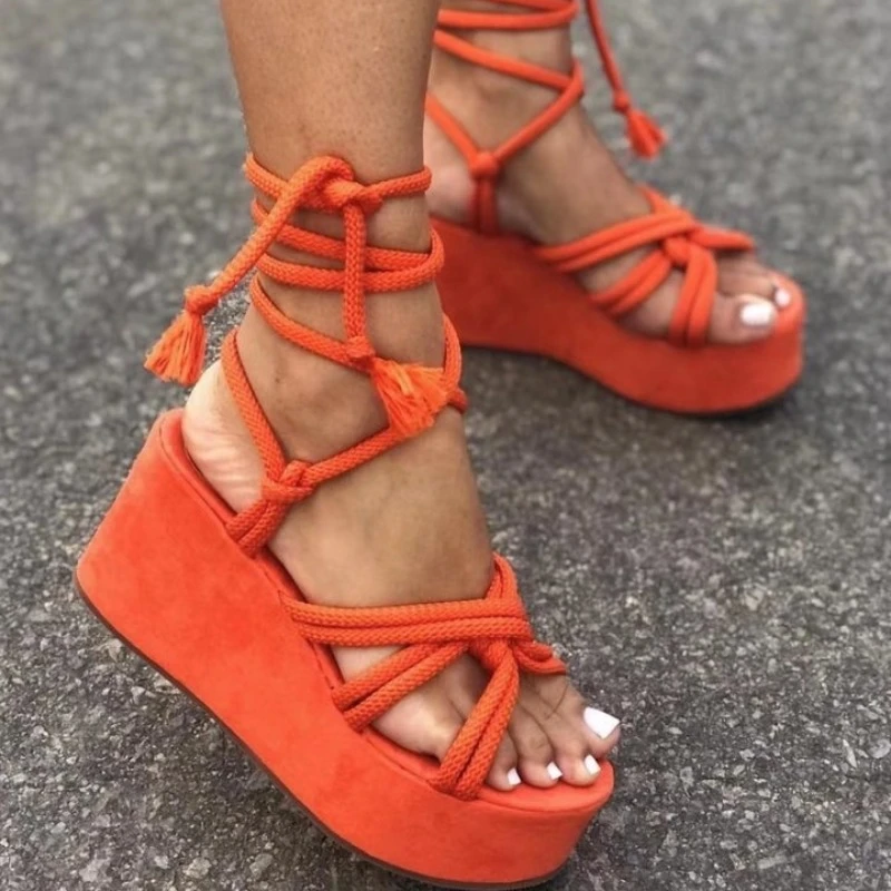 Wedge Strappy Platform Fashion Round Cross Tied Height Increase New Open Toe Women Sandals 2024 1fa9