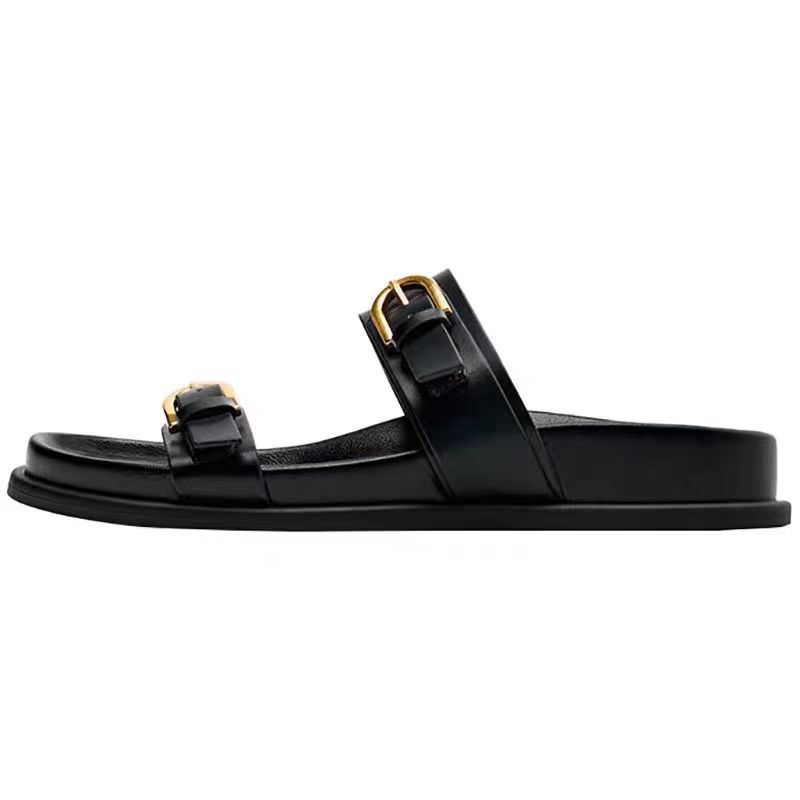 Thick Bottom Women Beach Slippers Outdoor Casual Flat Slides for Female Fashion Metal Buckle Soft Leather Ladies Roman Shoes