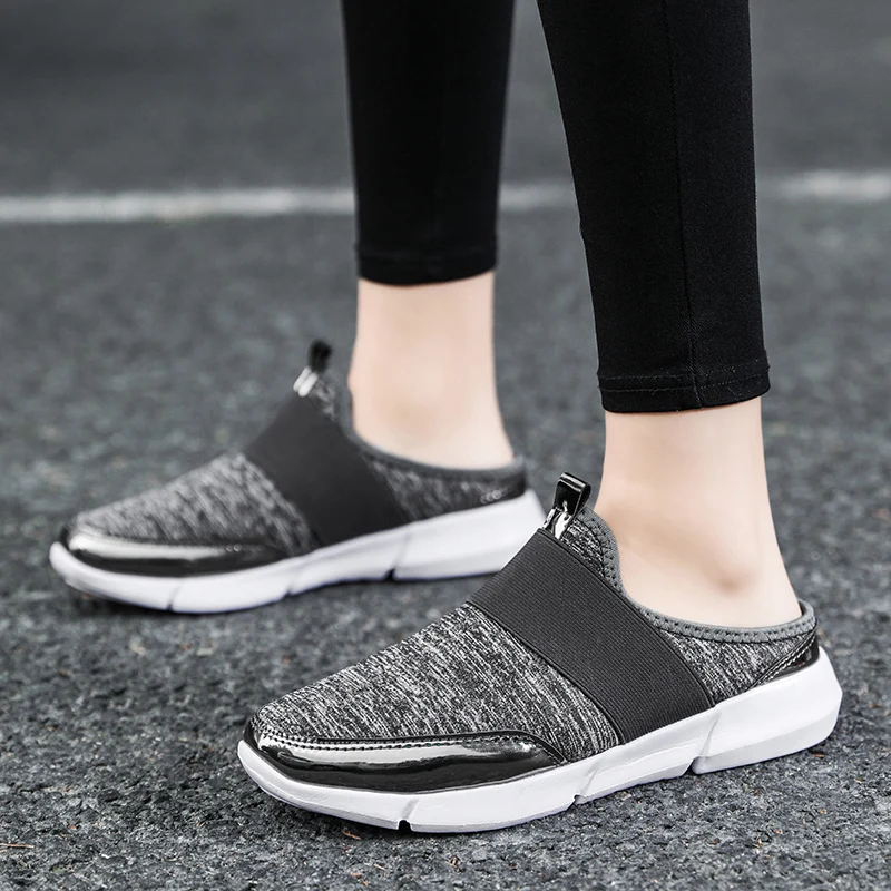 Women's flat 2024 mesh fabric hot half drag NEW hot spring and autumn lazy shoes outdoor slippers indoor anti slip ultra soft