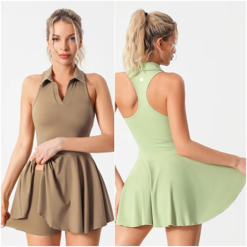 2025-- Womens Yoga Outfit Tennis Dresses Cheerleaders One Piece Golf Dress Sleeveless Pants Lined Pocket Turn-down Collar