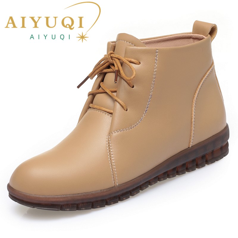 AIYUQI Women Short Boots Winter 2024 New Cowhide Women Ankle Boots Warm Flat Large Size Fur Women booties