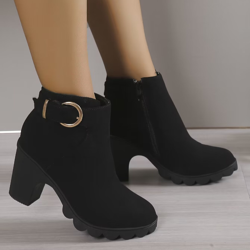 Black Women Fashion Chunky Heeled Ankle Boots Autumn New Metal Decor High Heels Shoes Woman Lace Up Platform Booties Big Size 42 88ff