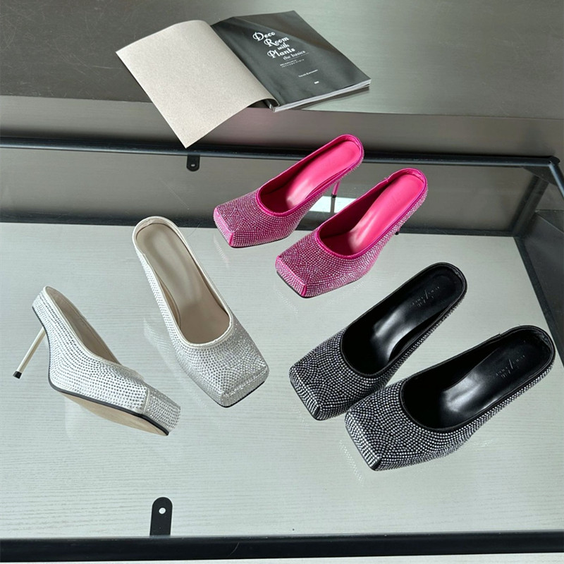 2025 new Satins Crystal Square Toe Mules for Women New Slide Slippers Sexy Thin High Heels Shoes Party Banquet Ladies Pumps c836