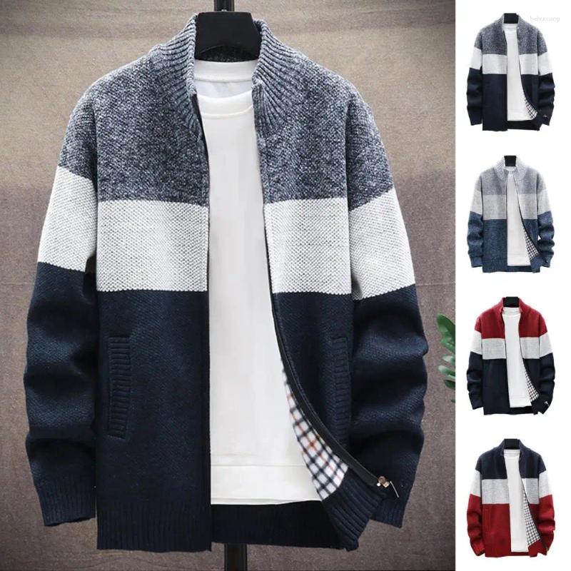 Men's Sweaters, Zip-Up Knitted Coat With Plush Ing, Stand Collar, Color Block Design, Daily Casual Outwear