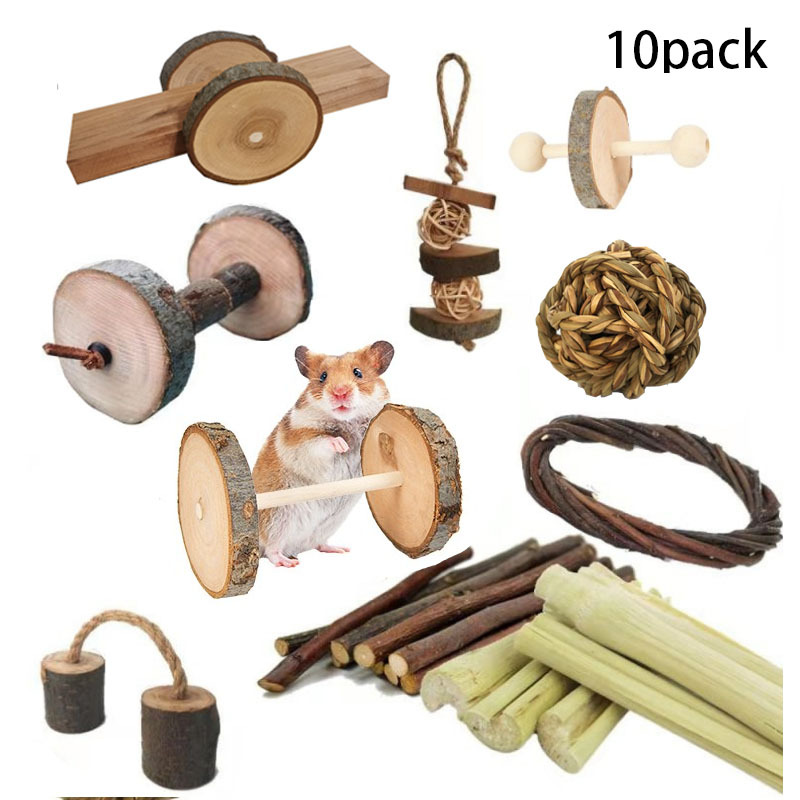 Hamster Chew Toy Set Natural Wooden Hamster Bell Roller Toys Accessories for Cage Guinea Pig Chew Toy Teeth Small Animal Toy