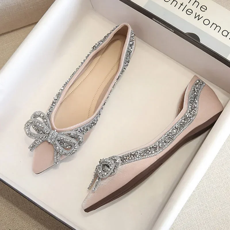 2025 NEW Flats Ballet for Women Fashion Rhies Bow Flat Footware Female Plus Size Moccasin Boat Shoes Chaussure Femme a