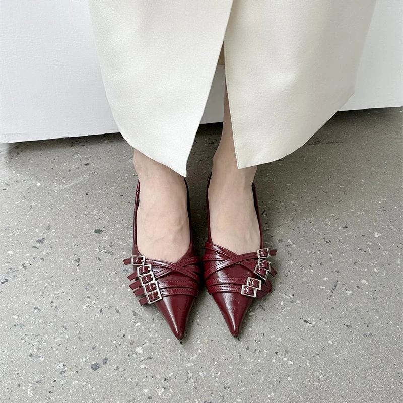 Sgbac Pumps New Ladies Medium Heels Female Shallow Fashion Pointed Toe Footwear Women New Heeled Shoes Wine Red 2024