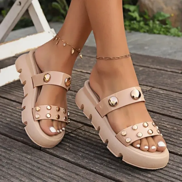 For Punk Black Women Studded Buckle Decor Flatform Slide Sandals Open Toe Summer Street Style Goth Shoes Beach Vacation 6a3f 50f
