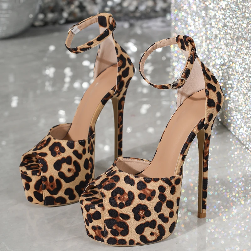 2025 new Eilyken New Sexy Leopard Print Extreme Thin High Heels Women Sandals Summer Ankle Buckle Strap Platform Party Nightclub Shoes 3cef