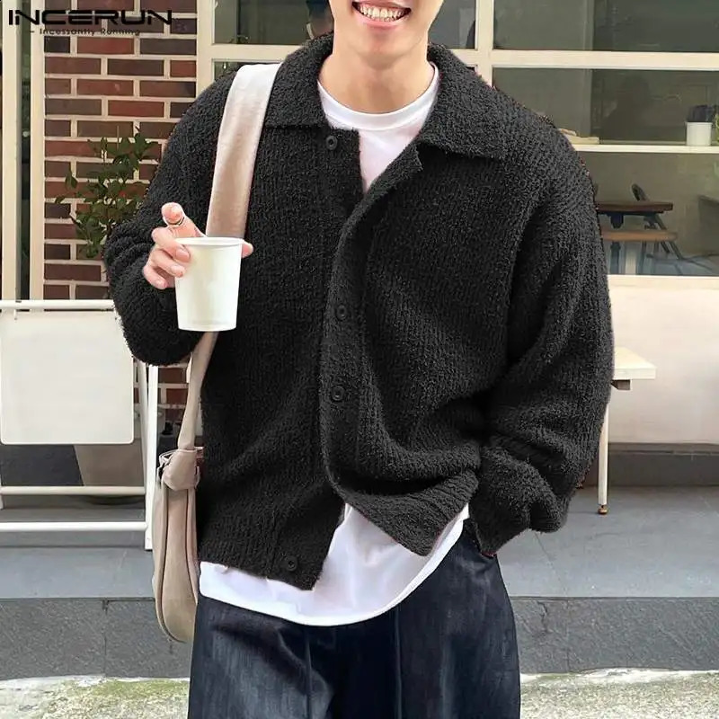 Mens Cardigan Solid Knitted Lapel Long Sleeve Button Streetwear Fashion Male Sweaters Casual Men Clothing S-5XL 240903
