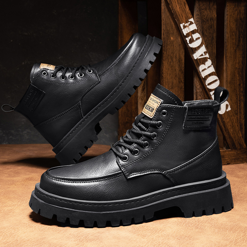 Trendy Men's Genuine Leather Boots Outdoor Hiking Shoes Breathable Cotton Boots Men's Casual Short Boots Thick Soled Brown