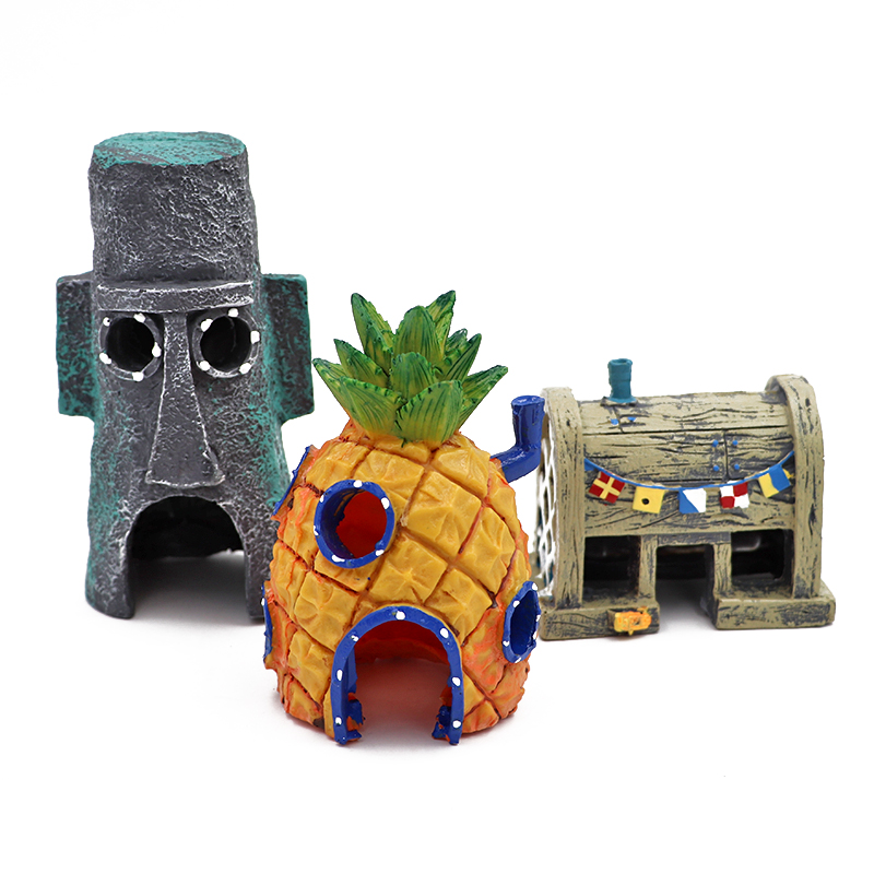 Cartoon Fish Tank Decor Figures Ornaments Resin Fish Tank Pineapple House Decoration Cave Cask Landscaping Aquarium Accessories