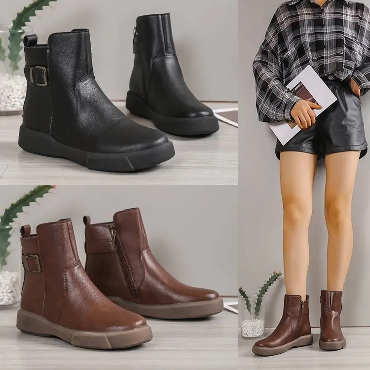 Shoes for Women 2024 Fashion Winter Women's Boots Solid Color Round Toe Zipper One Word Buckle Low-heeled atillas De Mujer 82b9