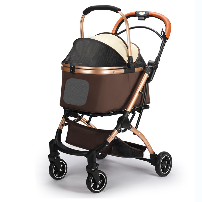 Customized Luxury 4 Wheels Pet Aluminium Stroller Dog Detach Stroller With Storage Basket Foldable Lightweight Carrier Trolley