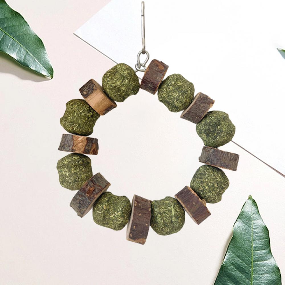 Hamster Chew Toy with Hanging Hook Natural Wood Grass Ball Rabbit Chinchilla Guinea Pig Gerbil Pet Bite Toy Decor Ring Small Ani