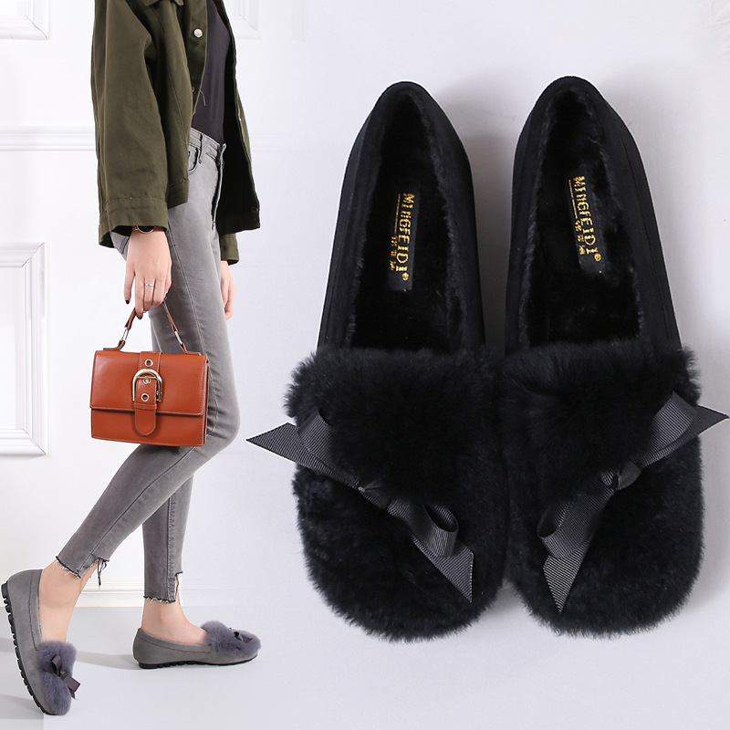 c0fa0 Bowtie Riband fur Rabbit flats women round toe plush cotton moccasins shoes woman slip on warm furry loafers big size 35-43 ry