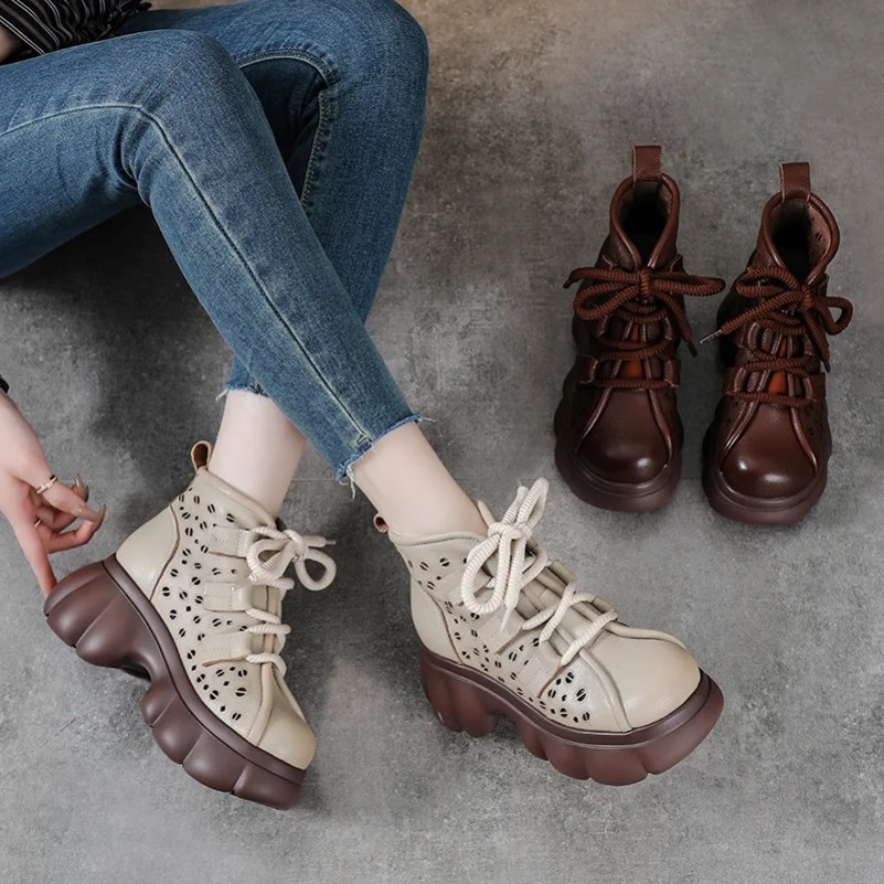 Fujin 6cm Rubber Breathable Sandals Booties Summer Women Ankle Boots Shoes Hollow Ethnic Genuine Leather Fashion Chunky Heels