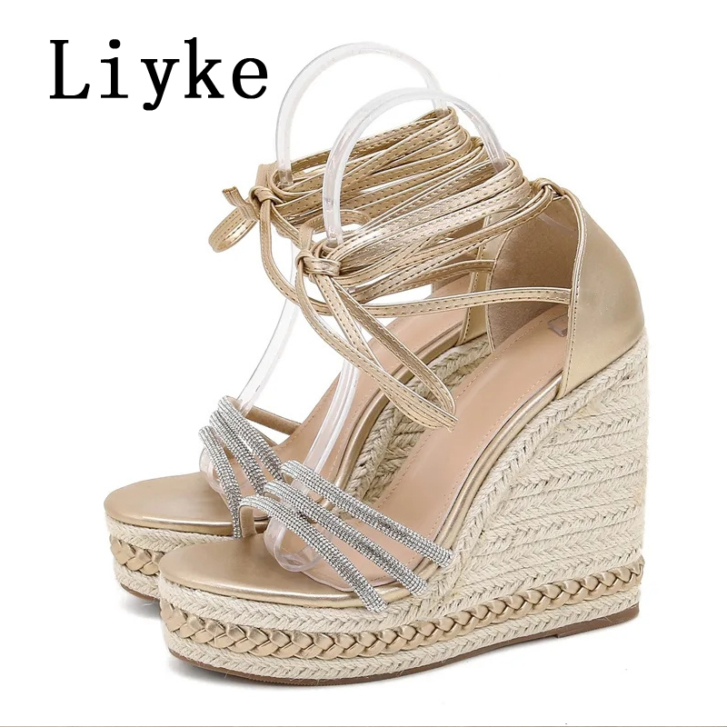 Liyke Handmade Weave Straw Rope Wedge Sandals Women Summer Fashion Crystal Open Toe Lace Up Platform High Heels Ladies Shoes