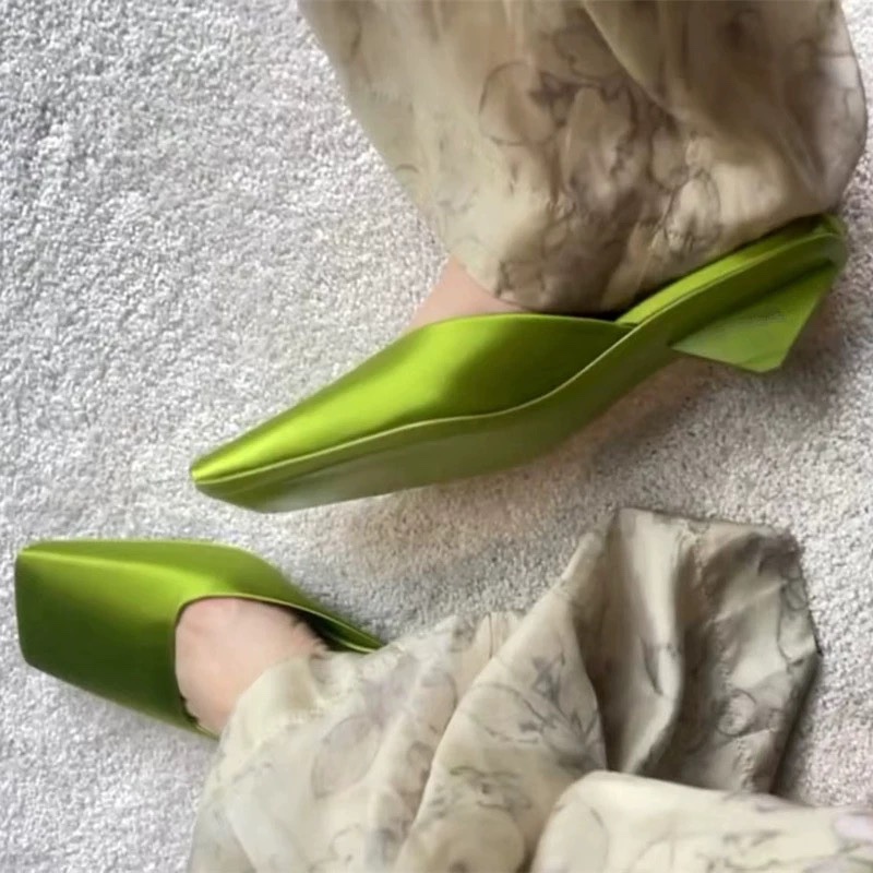green Quality Silk Satin Women Slippers Simple Elegant Temperament Sandals Comfort Home Celebrity Party High Heel Shoes be1