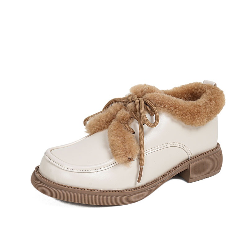 0b4e8 Up Lace fur Lamb leather woman black/white mixed New color cotton loafers women winter furry padded oxford shoes big size 43 ry
